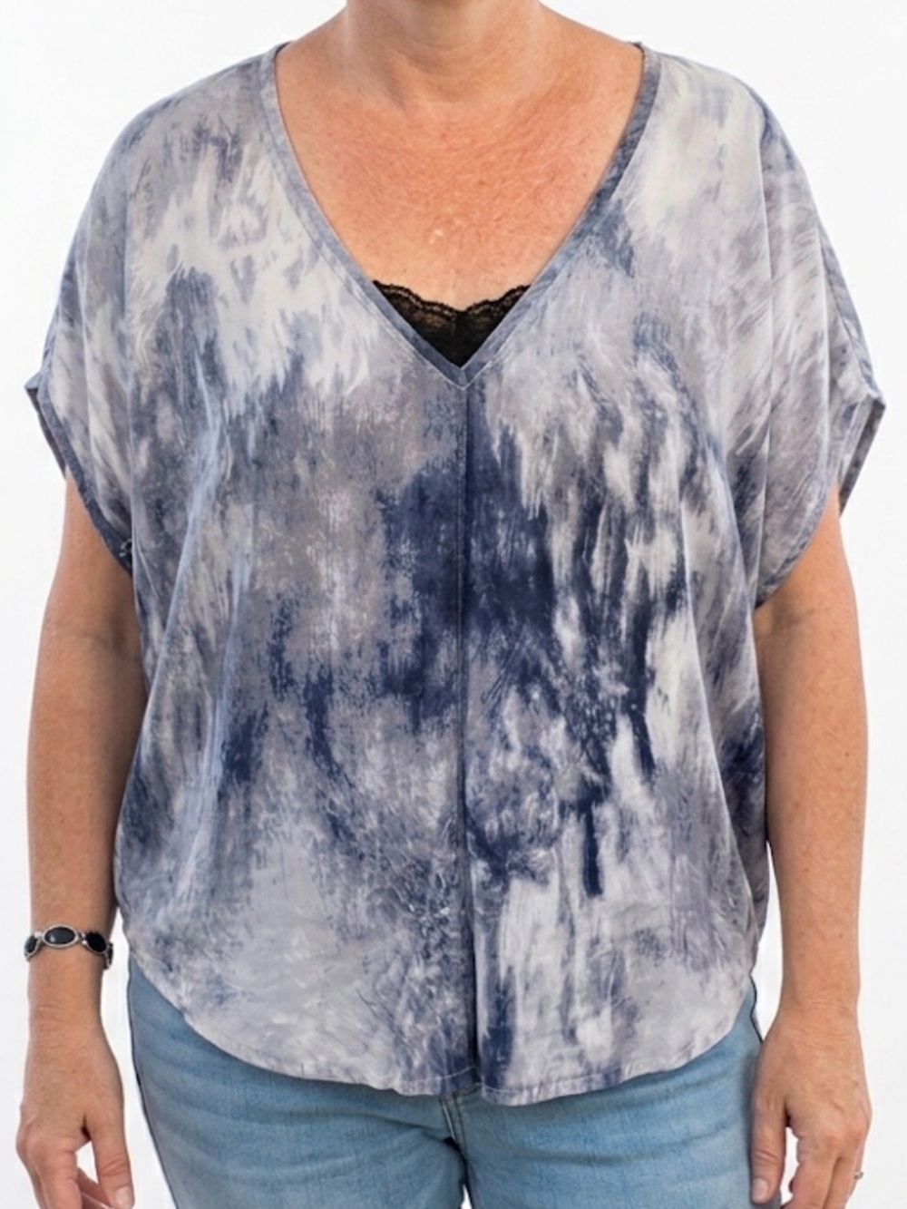 Calvin Klein Blue Tie Dye V Neck Lace Detail Top Medium